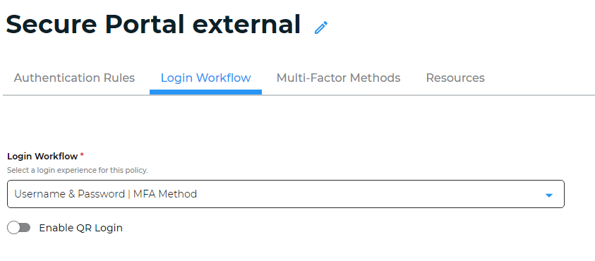 Realm A Login Workflow tab showing the login experience set to Username and Password, MFA Method, with Enable QR Login turned off.