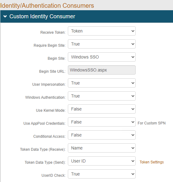 Realm B Advanced Settings Custom Identity Consumer section showing Receive Token set to Token, Require Begin Site set to True, Begin Site set to Windows SSO, Begin Site URL set to WindowsSSO.aspx, User Impersonation set to True, and Windows Authentication set to True.