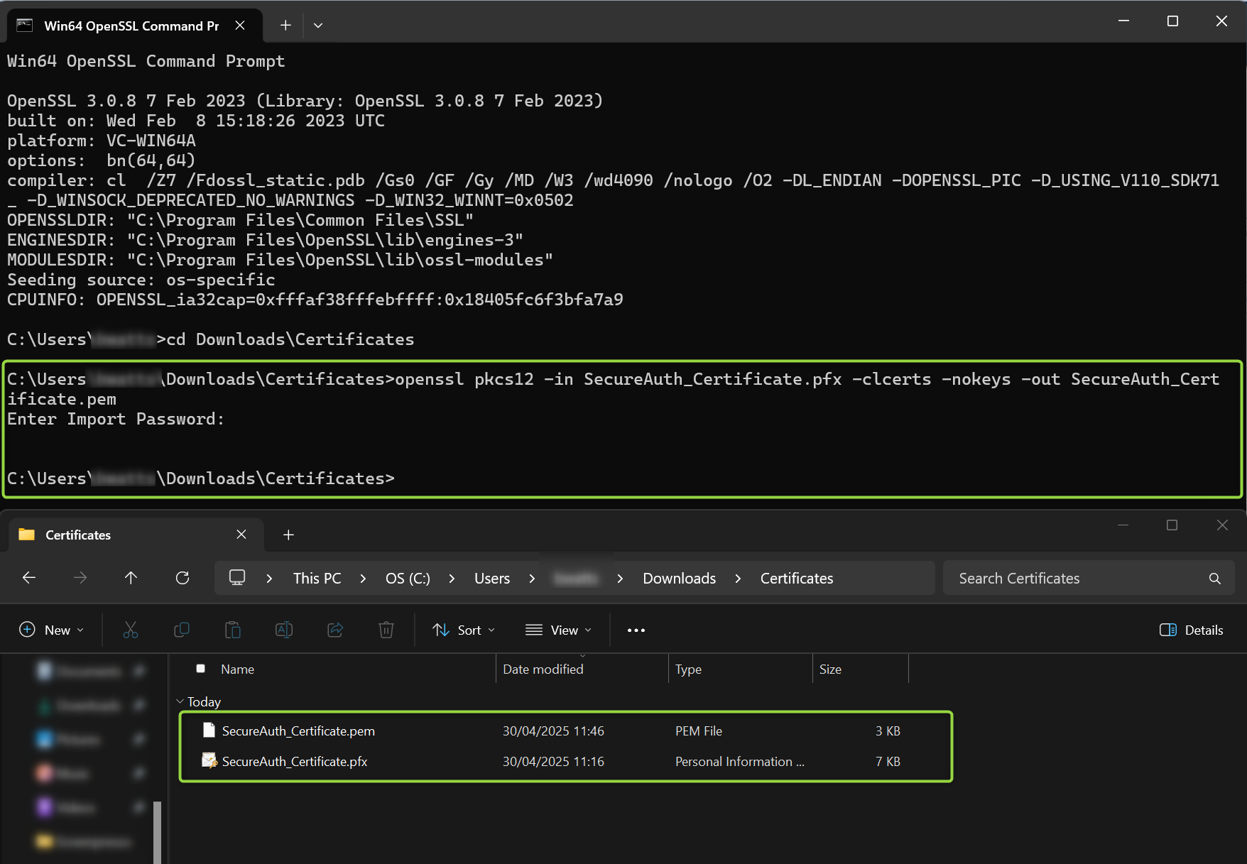 OpenSSL command prompt running the pkcs12 command against SecureAuth_Certificate.pfx and prompting for the Import Password, with the resulting SecureAuth_Certificate.pem file shown alongside the original .pfx file in File Explorer.