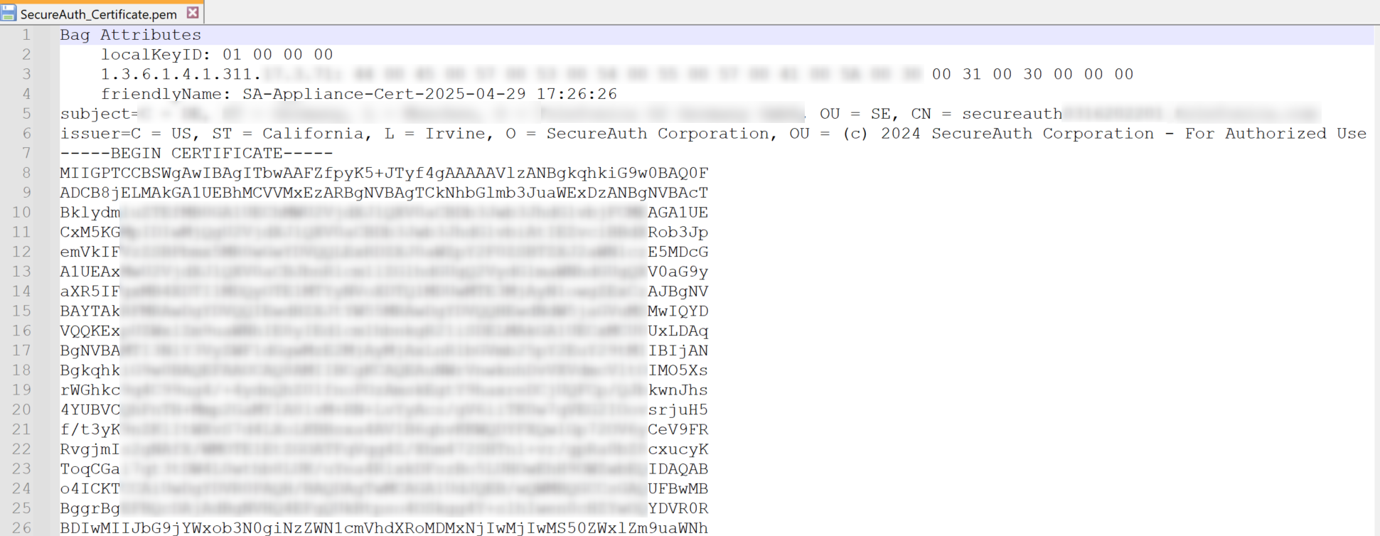 SecureAuth_Certificate.pem opened in a text editor, showing Bag Attributes, a friendlyName, the certificate subject and issuer lines (issuer showing O=SecureAuth Corporation), and the BEGIN CERTIFICATE block.