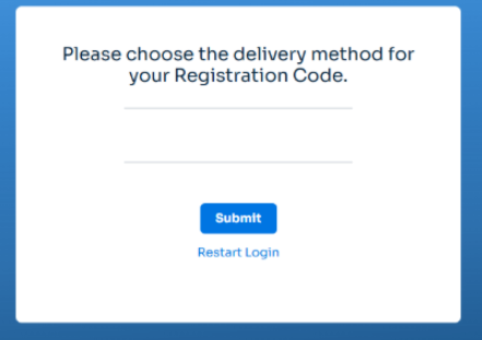 The MFA delivery-method selection page, showing the prompt to choose a delivery method for a registration code but with the method options themselves blank.