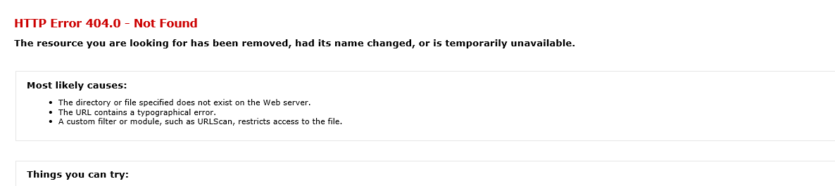 A standard IIS HTTP Error 404.0 - Not Found page.