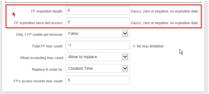 The Workflow tab's FP expiration length and FP expiration since last access fields, both set to 0 for no expiration.