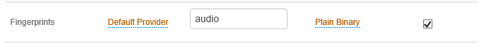 The Data tab's Fingerprints row, with the Default Provider field set to audio, Plain Binary selected, and the writable checkbox checked.
