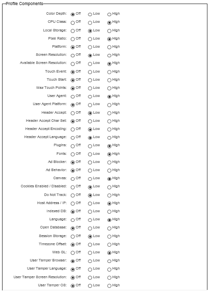 The Profile Components panel, listing every DFP component with Off, Low, and High radio buttons for its weighting.