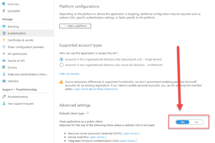 The SecureAuth application registration's Authentication page in Entra ID, with Default client type set to Yes (public client).