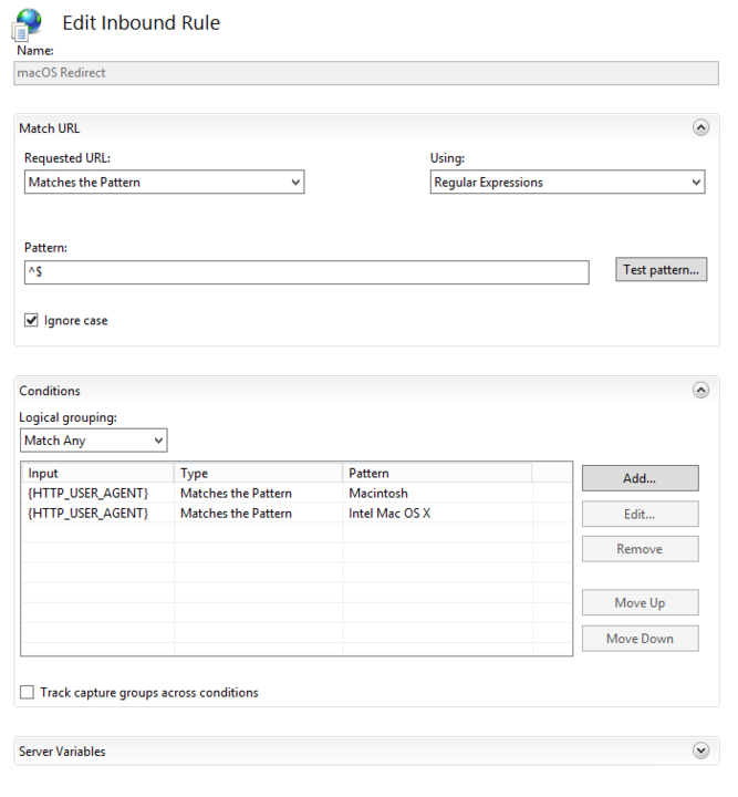 The Edit Inbound Rule dialog for the macOS Redirect rule, showing the Regular Expressions pattern ^$ under Match URL, and two Match Any conditions on HTTP_USER_AGENT for Macintosh and Intel Mac OS X.