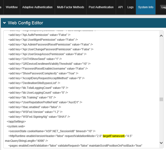 The Web Config Editor with the httpRuntime element's targetFramework attribute highlighted, set to 4.5.