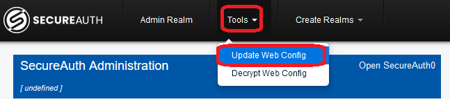 The Admin Console's Tools menu with Update Web Config highlighted.