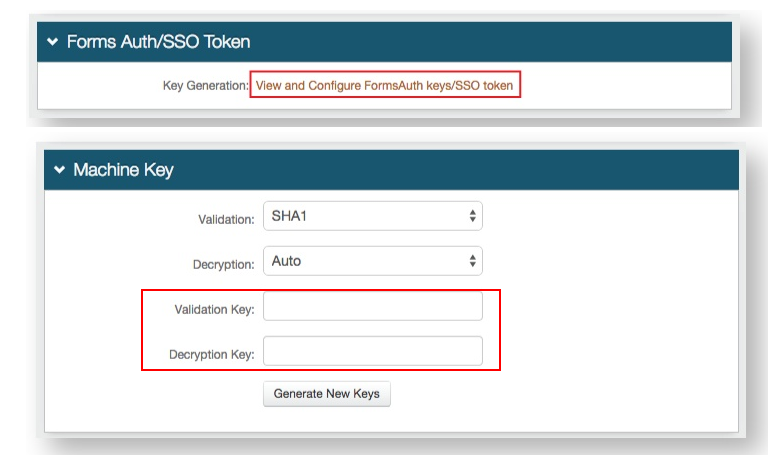 The Forms Auth/SSO Token section with the FormsAuth keys link highlighted, and the Machine Key panel below it showing empty Validation Key and Decryption Key fields with a Generate New Keys button.