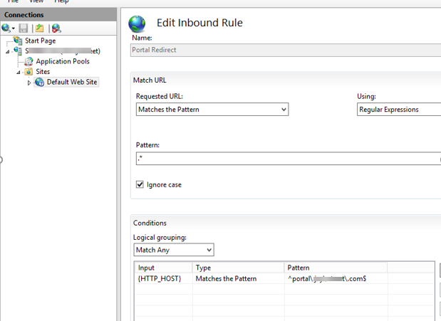 The Edit Inbound Rule page with Requested URL set to Matches the Pattern, Pattern set to .*, and a condition on HTTP_HOST.