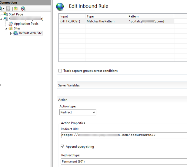 The Edit Inbound Rule page with Action type set to Redirect, Redirect URL set to the target realm, Append query string checked, and Redirect type set to Permanent (301).