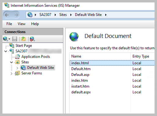 The IIS Manager Default Document page with index.html moved to the top of the list.