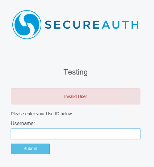 A realm login page showing the error: Invalid User, above a Username field and Submit button.