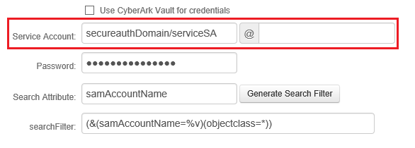 The Service Account field showing secureauthDomain/serviceSA entered entirely in the account-name box, with the domain box after the @ left empty.