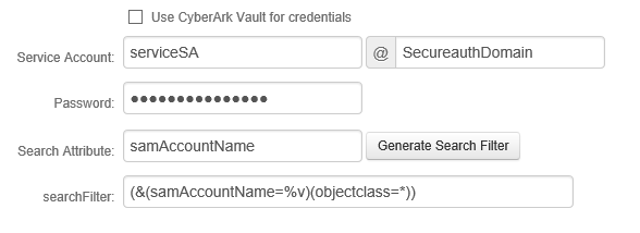 The Service Account field showing serviceSA entered in the account-name box and SecureauthDomain entered in the domain box after the @.