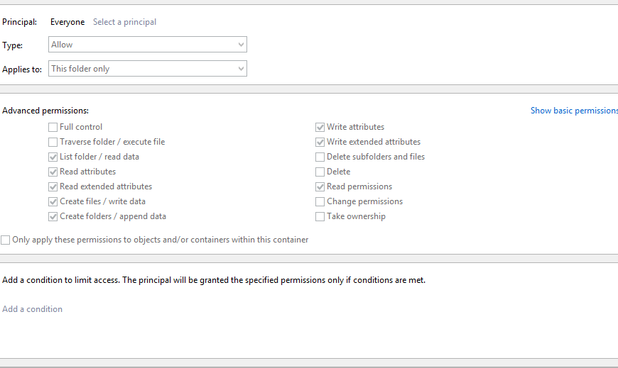 Advanced permissions for the Everyone principal on the MachineKeys folder, with List folder/read data, Read attributes, Read extended attributes, Create files/write data, Create folders/append data, Write attributes, Write extended attributes, and Read permissions checked, and all other boxes unchecked.