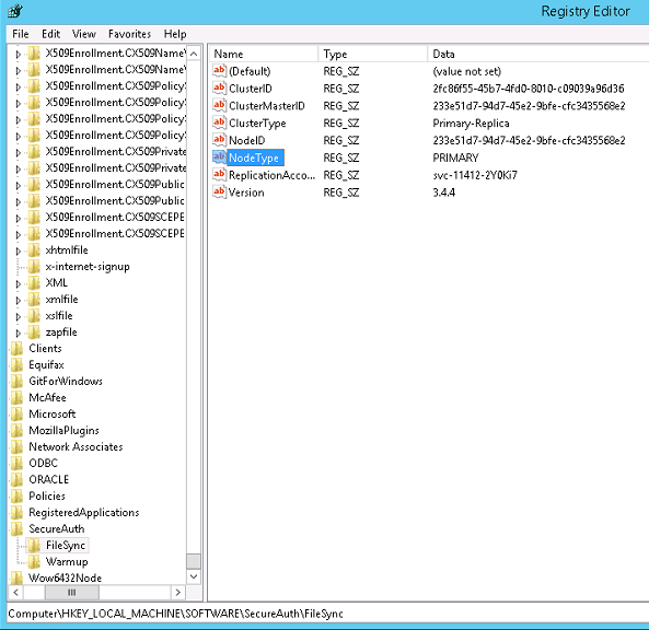The Registry Editor showing the SecureAuth FileSync registry key, with the NodeType value set to PRIMARY.