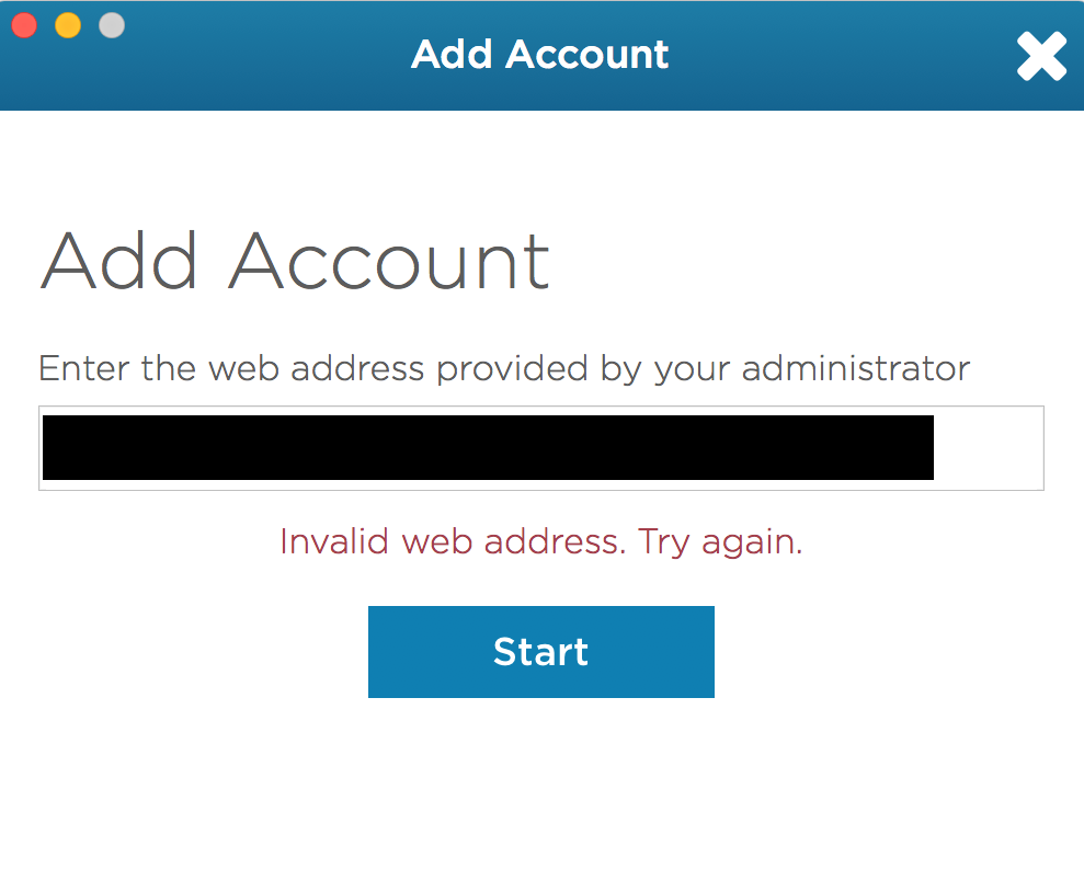 The Passcode app's Add Account screen showing Invalid web address. Try again. below the web address field.