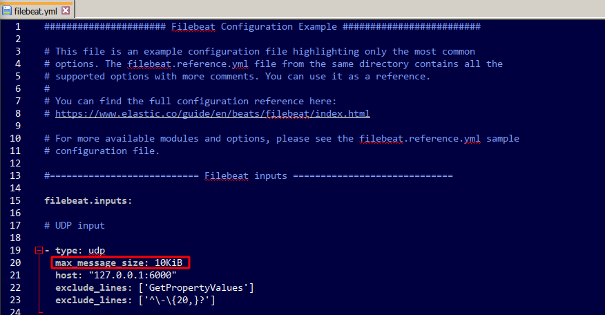 The filebeat.yml configuration file with the max_message_size value under the UDP input highlighted, set to 10KiB.