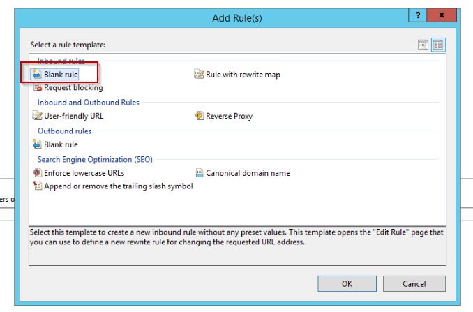 The Add Rule(s) dialog with Blank rule selected under Inbound rules.