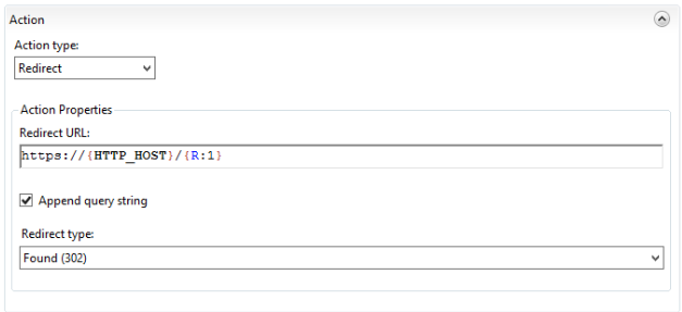 The rule editor's Action section with Action type set to Redirect, Redirect URL set to https://{HTTP_HOST}/{R:1}, and Redirect type set to Found (302).
