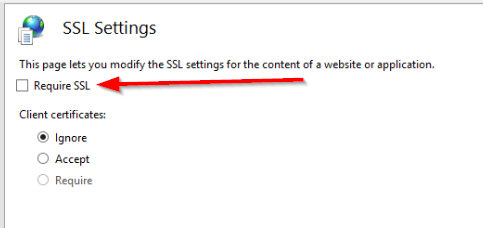 The SSL Settings page with the Require SSL checkbox cleared.