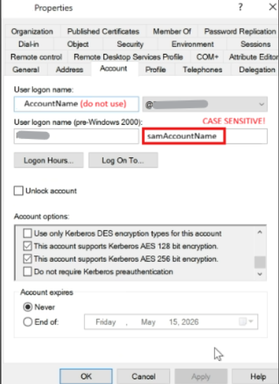An AD user's Properties Account tab, with the case-sensitive pre-Windows 2000 logon name field highlighted, and Kerberos AES 128 bit and AES 256 bit encryption support checked under Account options.