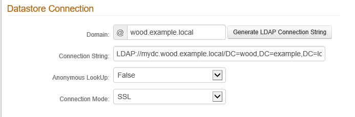 The Datastore Connection section with the Connection String field set to a Domain Controller-specific LDAP connection string.