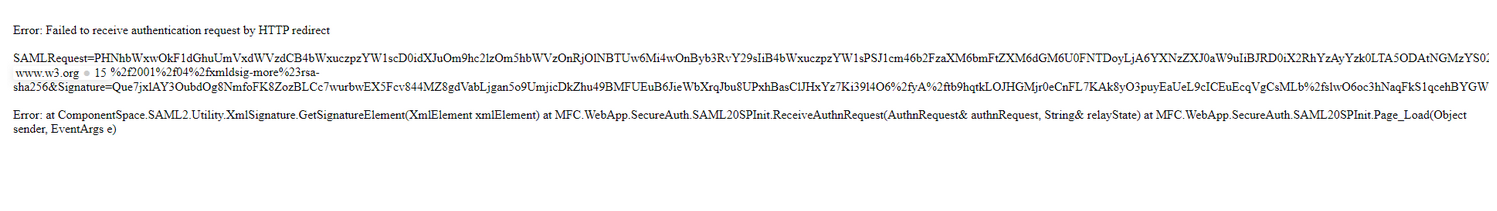 A browser screenshot showing the Failed to receive authentication request by HTTP redirect error, the full SAMLRequest URL with its Signature and SigAlg parameters, and the underlying stack trace referencing XmlSignature.GetSignatureElement and SAML20SPInit.ReceiveAuthnRequest.
