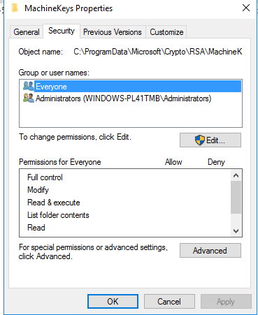 MachineKeys folder Properties, Security tab, showing only Everyone and Administrators listed as group or user names.