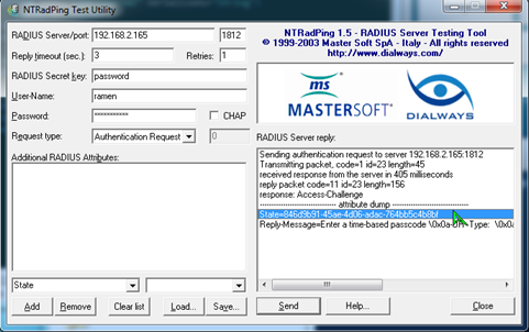 NTRadPing with the RADIUS server, secret key, username, and password fields filled in, showing an Access-Challenge response with a State value and a Reply-Message asking for a time-based passcode.