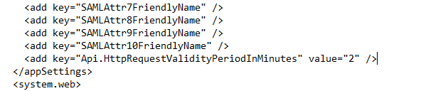 The web.config appSettings section with the Api.HttpRequestValidityPeriodInMinutes key added just before the closing appSettings tag.