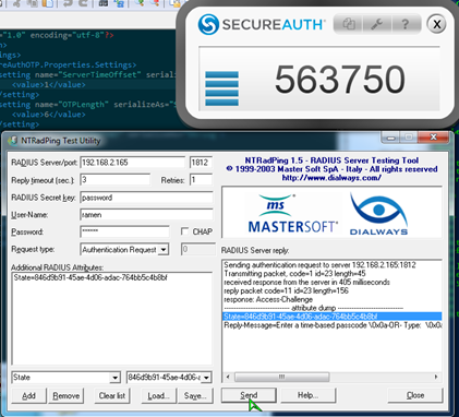 NTRadPing with a State attribute added to Additional RADIUS Attributes and the Password field changed to an OTP code, ready to send the second request.