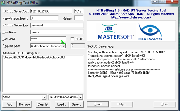 NTRadPing showing a response of Access-Accept with Reply-Message=Access granted.