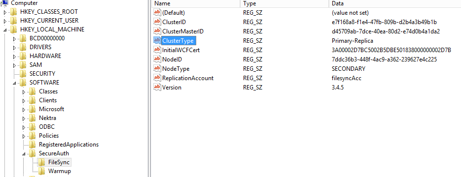 The Registry Editor showing the SecureAuth FileSync registry key, including the NodeType value set to SECONDARY.