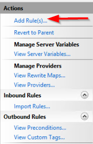 The IIS Actions pane with Add Rule(s) highlighted.