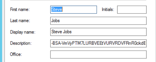 An AD user's Description field populated with an encrypted phone number value, used here only to illustrate the result.