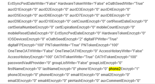 The web.config showing the phone1Encrypt through phone4Encrypt settings, with phone2Encrypt highlighted and set to 1.