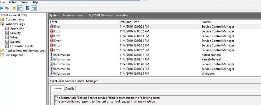 Event Viewer showing Event 7000 from Service Control Manager: The SecureAuth FileSync Service service failed to start due to the following error: The service did not respond to the start or control request in a timely fashion.