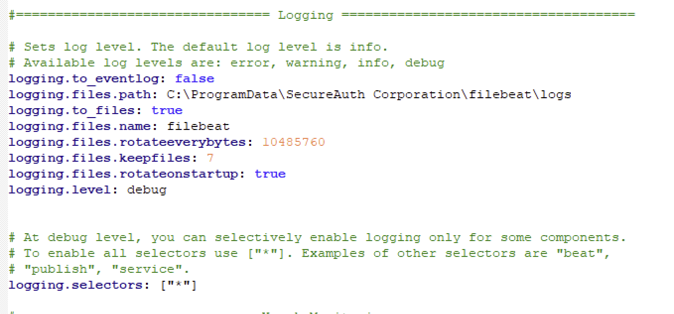 filebeat.yml Logging section showing logging.to_eventlog set to false, logging.files.path, logging.to_files set to true, logging.files.name, logging.files.rotateeverybytes set to 10485760, logging.files.keepfiles set to 7, logging.files.rotateonstartup set to true, logging.level set to debug, and logging.selectors set to enable every selector.