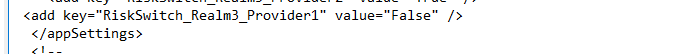 The RiskSwitch_Realm3_Provider1 key added just above the closing appSettings tag in the AnalyzeApi web.config file.