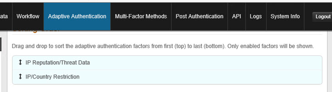 Adaptive Authentication tab showing IP Reputation/Threat Data listed above IP/Country Restriction in the ordered list of factors.