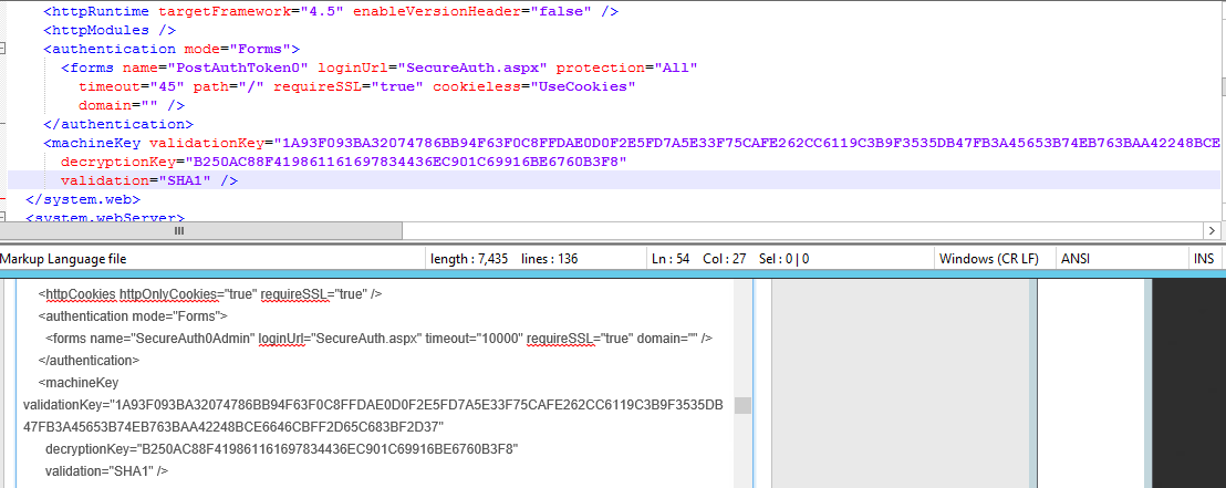 Side-by-side comparison of two web.config files highlighting the machineKey element to check for a match.