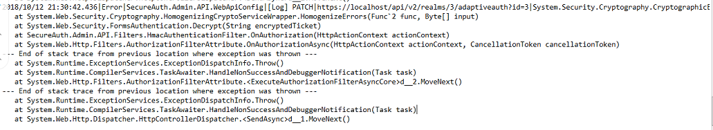 AdminApiLogs entry showing an error consistent with a machineKey or Forms Name mismatch between web.config files.