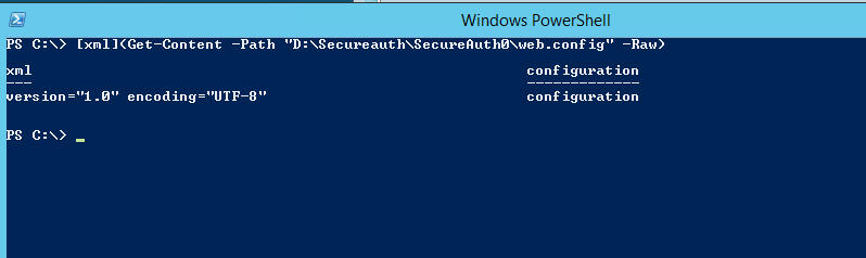 PowerShell window running the command against a valid web.config, showing the parsed xml and configuration properties returned with no error.