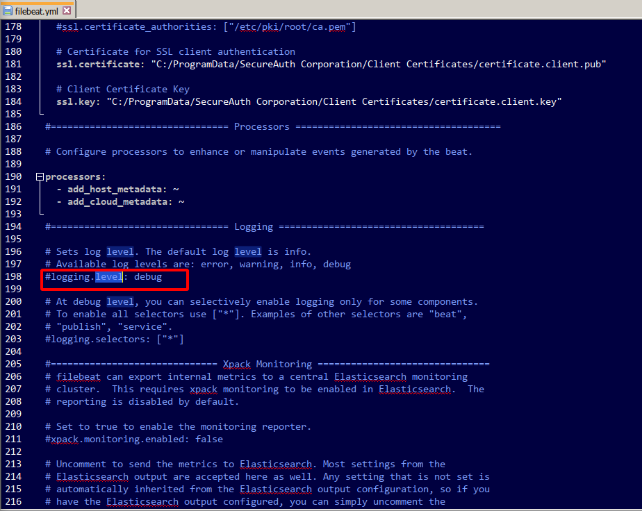 filebeat.yml configuration file with the line #logging.level: debug highlighted, under the Logging section.