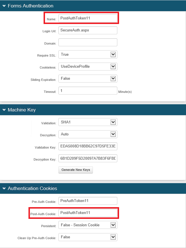Forms Authentication and Authentication Cookies sections showing the same Post-Auth Cookie name, PostAuthToken11, used for both the Forms Authentication Name and the Post-Auth Cookie.