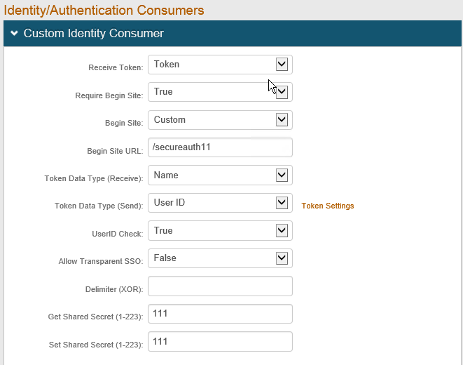 Custom Identity Consumer settings with Receive Token set to Token and Allow Transparent SSO set to False, and a Begin Site configured to require access via the portal realm.