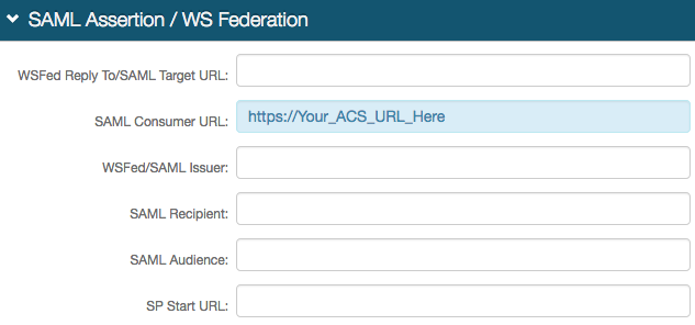 SAML Assertion / WS Federation section of the Post Authentication tab, with the SAML Consumer URL field highlighted.